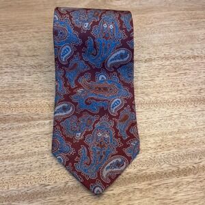 Paul Stuart Mens Silk Paisley Tie Burgundy Red Blue Hand Blocked England 3.5in